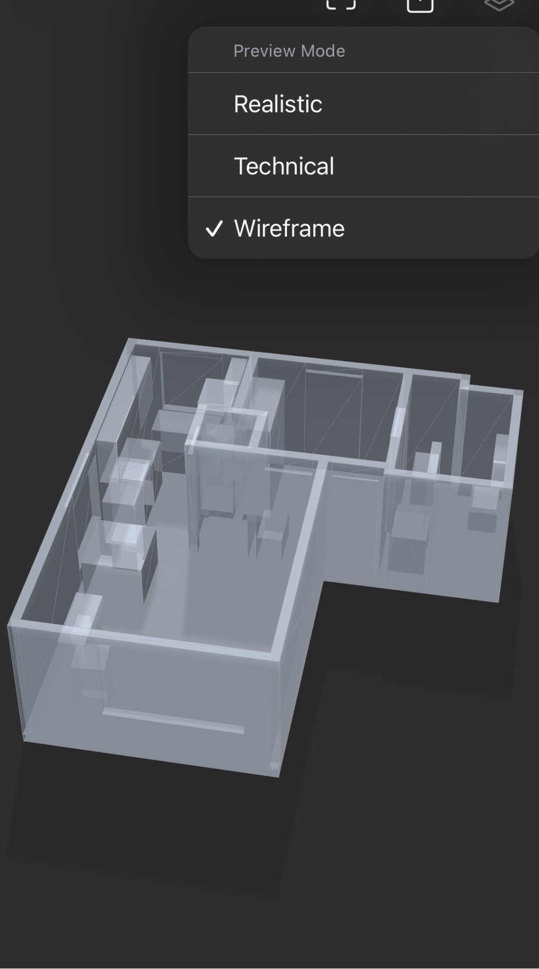 A 3D wireframe preview of an apartment in RoomPlot, with Realistic, Technical, and Wireframe preview modes
