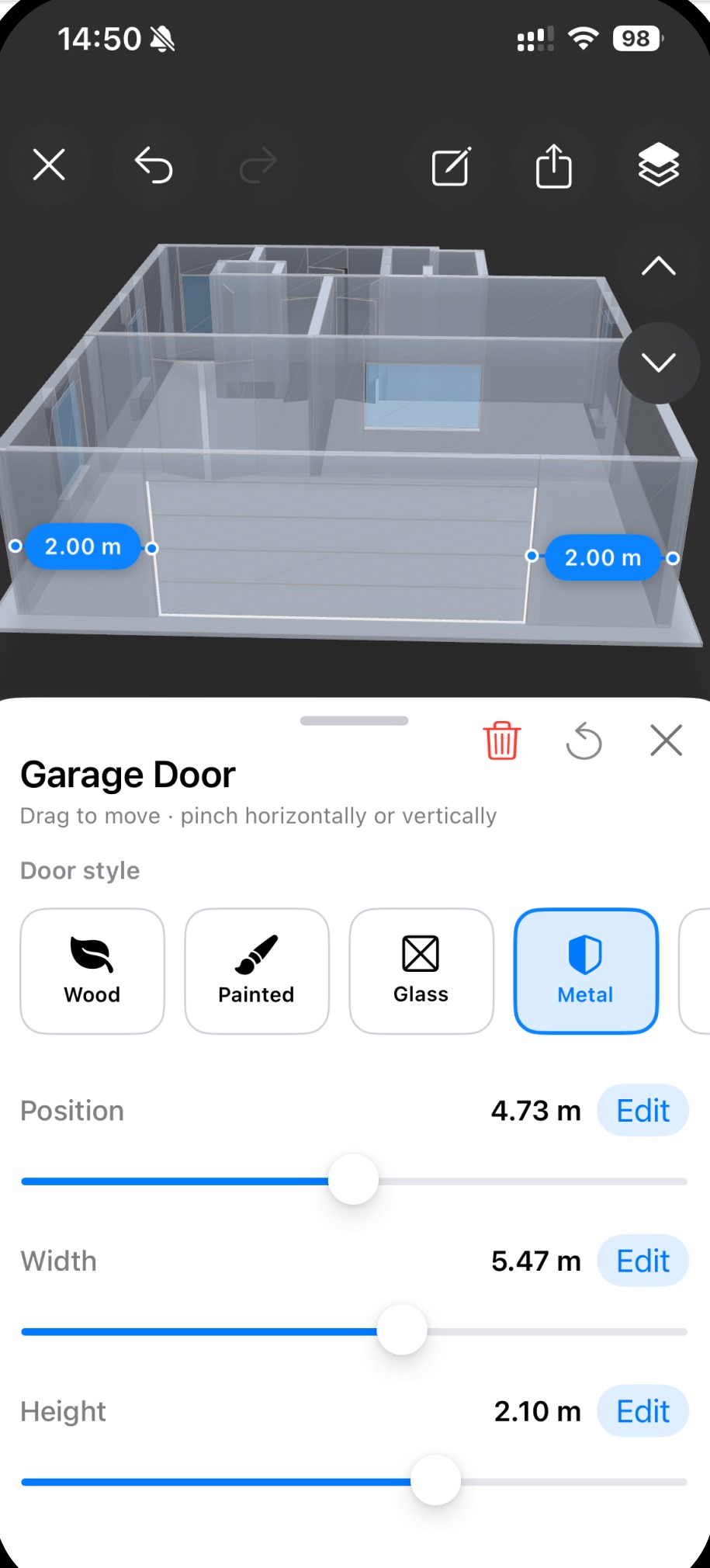 RoomPlot 3D editor with a garage door selected, showing door style options and sliders for position, width, and height