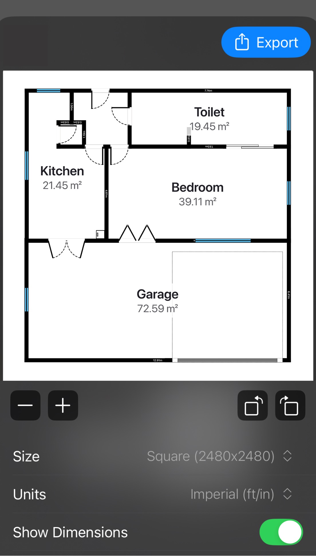 Floor plan export preview with room areas labeled in square meters