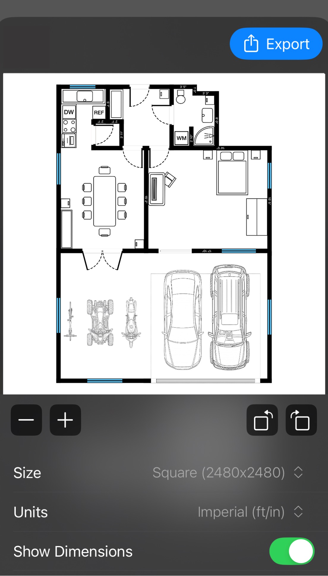 RoomPlot export screen with a dimensioned floor plan and options for paper size, units, and dimension visibility