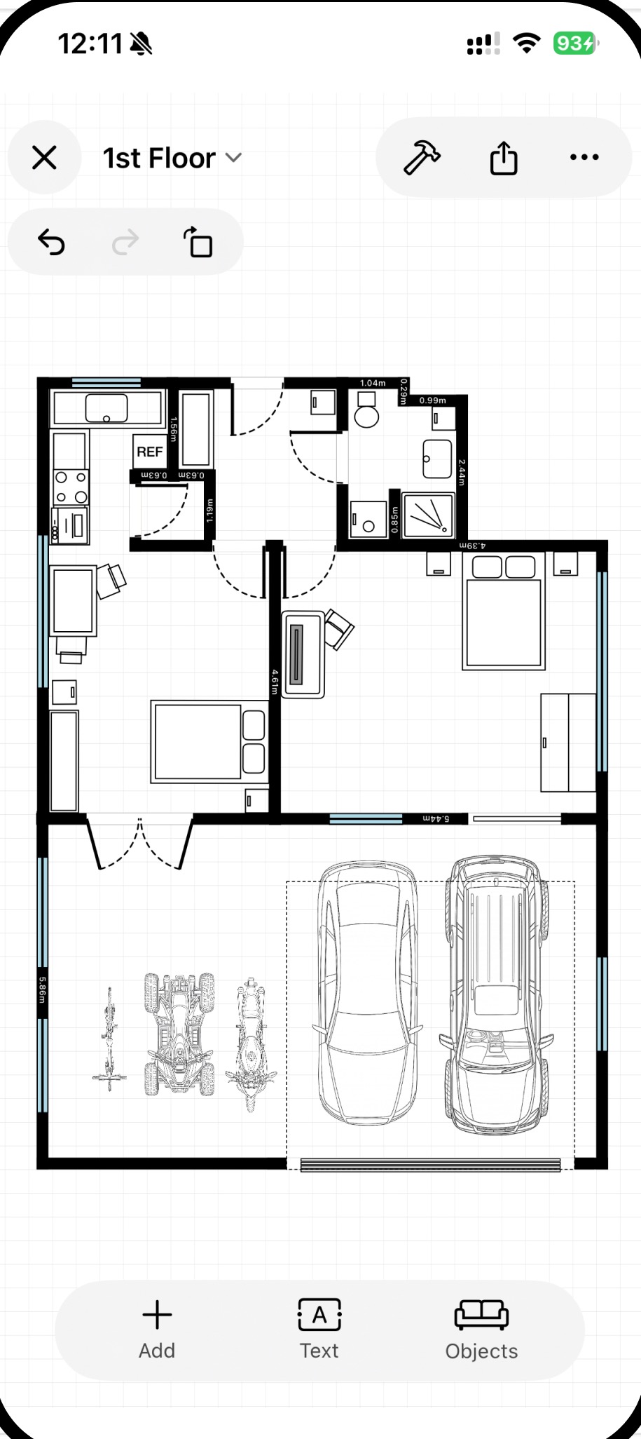RoomPlot floor plan editor on iPhone showing a multi-room plan with kitchen, bedrooms, and a garage with vehicles