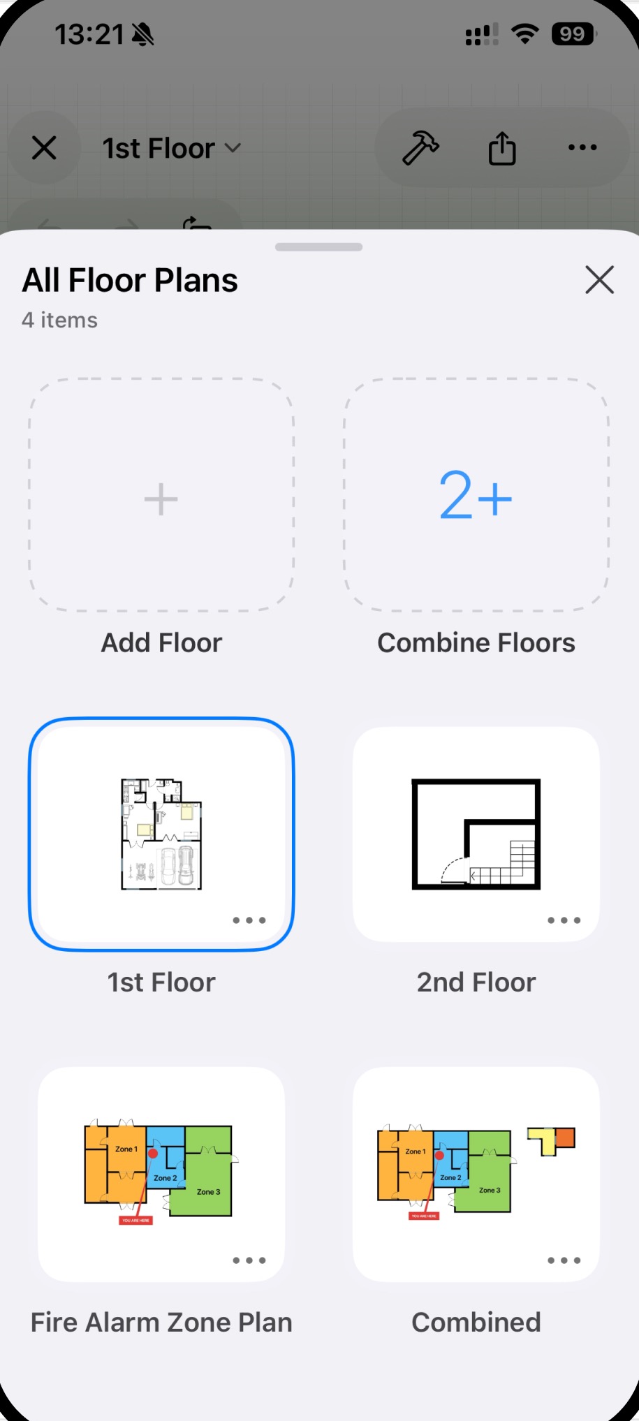 The All Floor Plans screen in RoomPlot showing a first floor, second floor, fire alarm zone plan, and combined plan