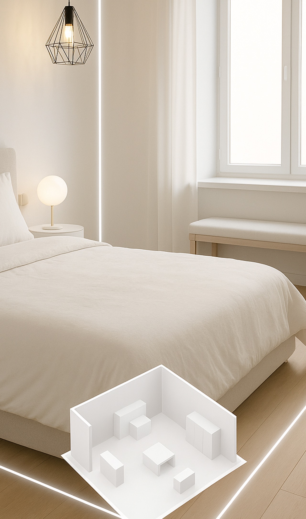 A bedroom being scanned in augmented reality, with glowing edge lines and a miniature 3D model of the room