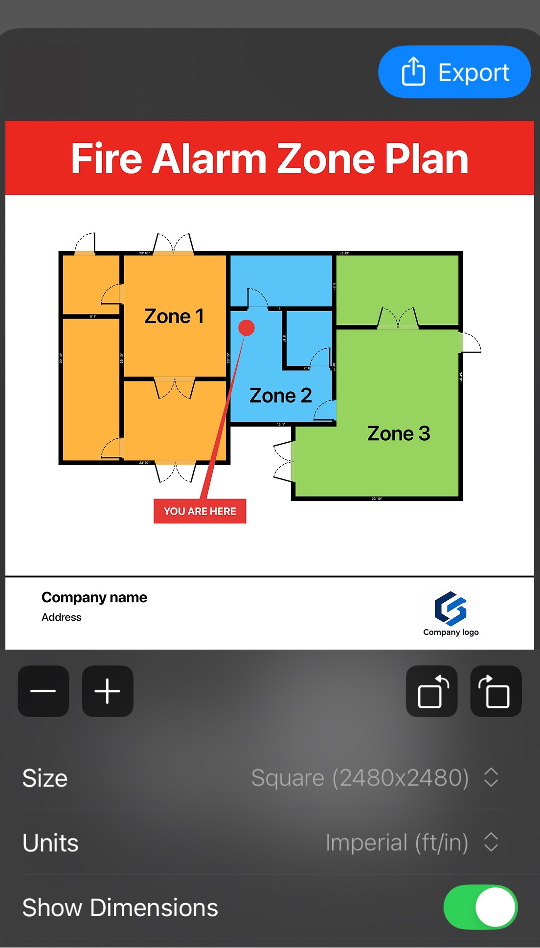 A color-coded fire alarm zone plan with three zones, a you-are-here marker, and company branding